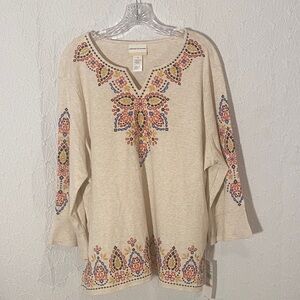 Alfred Dunner Cream Embroidered V-Neck Paisley Tunic 2X Soft Comfy Bohemian